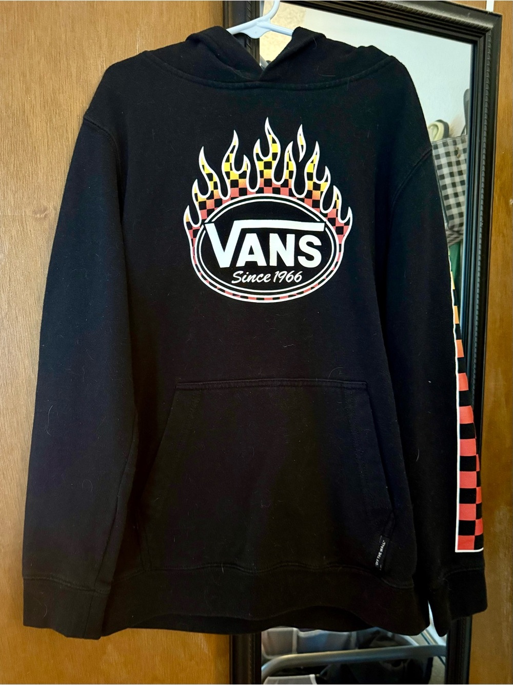 Vans Black Hoodie with Flame Logo and Checker Sleeve